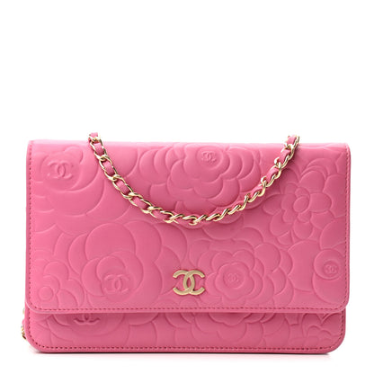 Chanel Lambskin Camellia Embossed Wallet On Chain WOC Pink 1 of 10