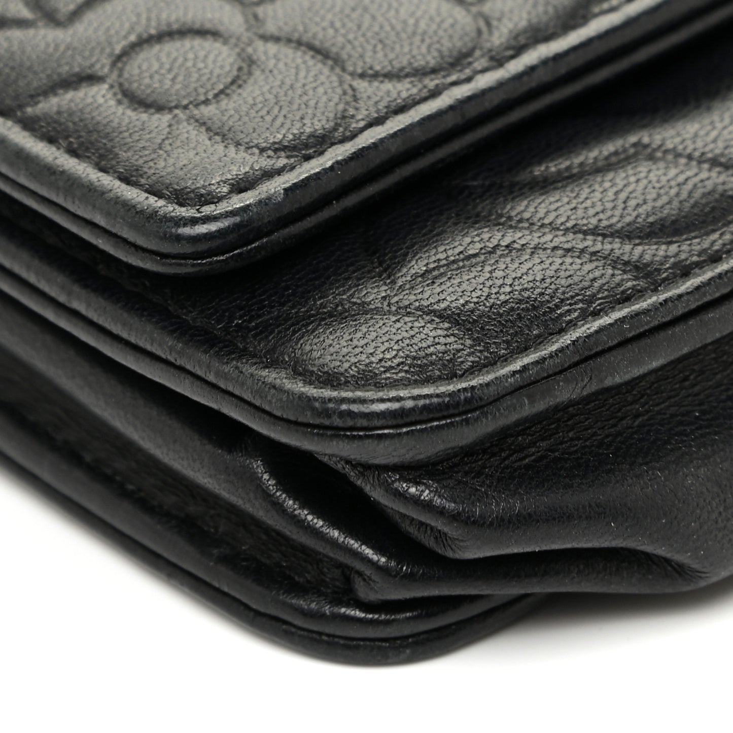 Lambskin Camellia Embossed Wallet on Chain WOC Black