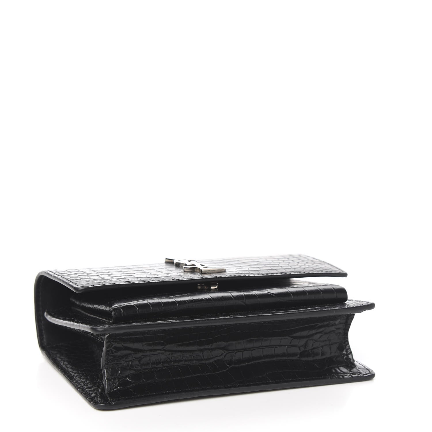 Saint Laurent Calfskin Crocodile Embossed Monogram Sunset Chain Wallet Black 3 of 8