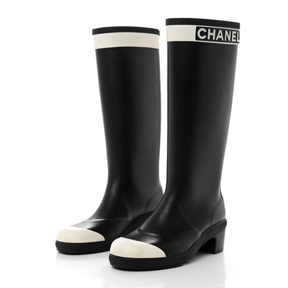 Chanel Rubber Logo Rain Boots 39 Black White 3 of 6