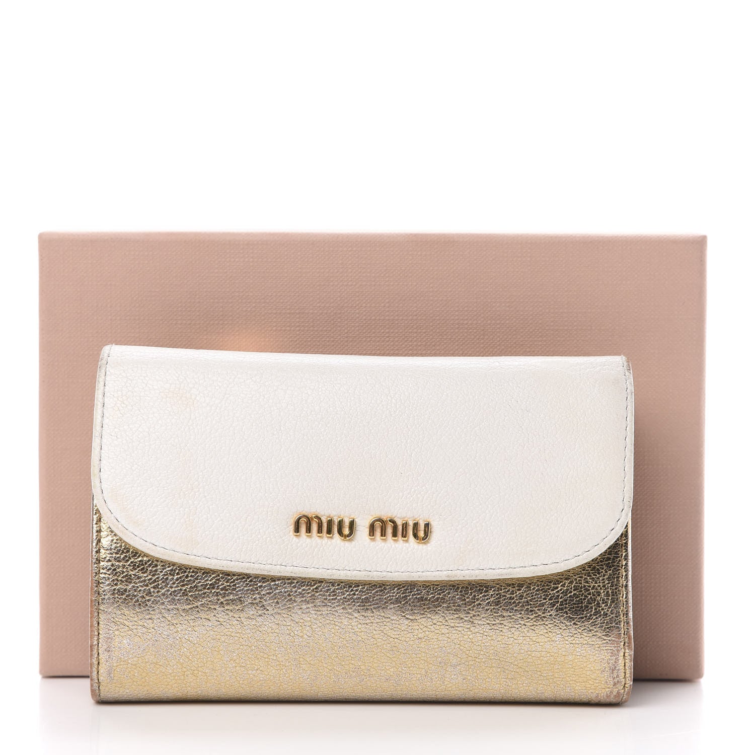 Miu Miu Metallic Goatskin Madras Bi-Color Tri-Fold Flap Wallet White Pyrite 16 of 16