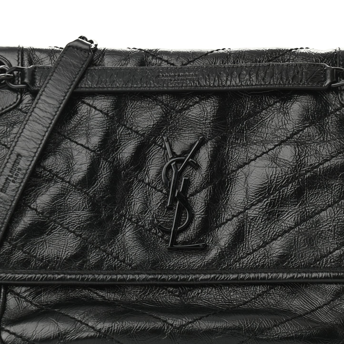 Crinkled Calfskin Matelasse Monogram Medium Niki Chain Satchel Black