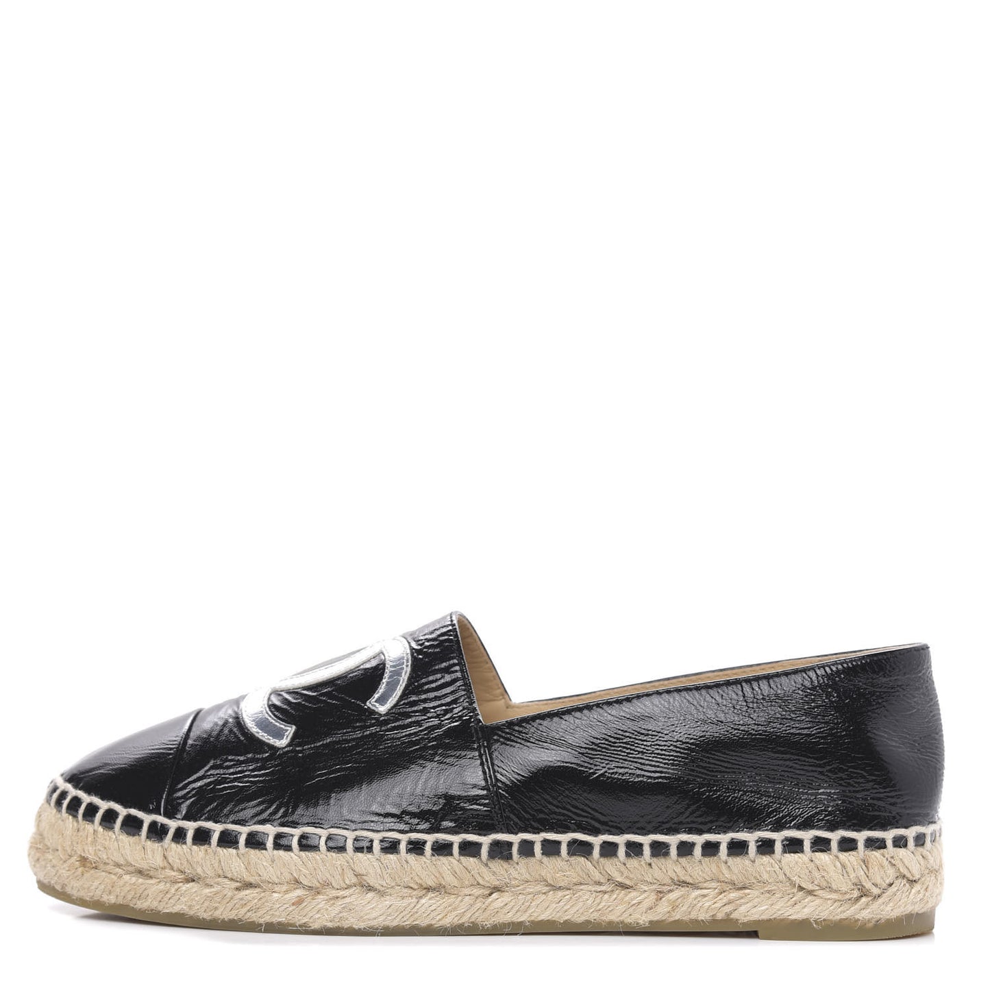 Patent Calfskin Metallic Goatskin CC Espadrilles 37 Black Silver