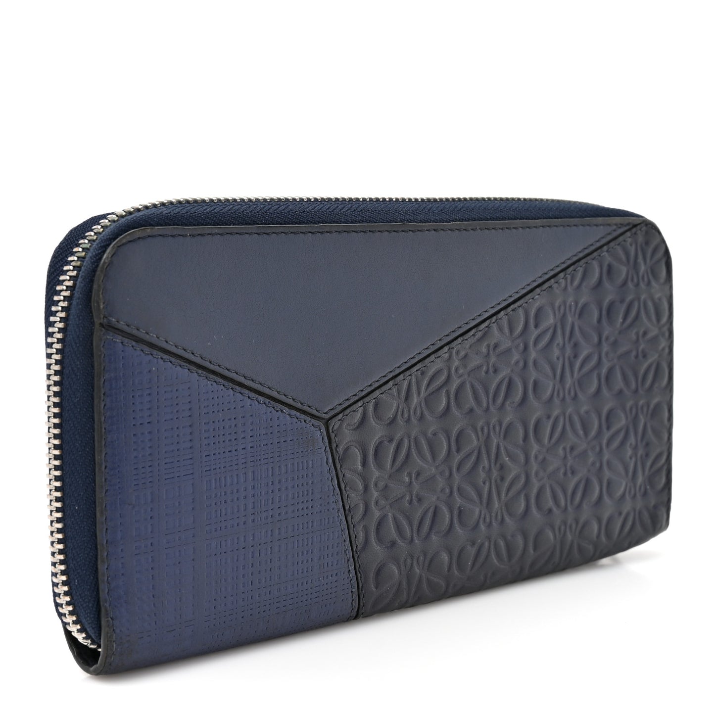 Calfskin Embossed Repeat Puzzle Zip Around Wallet Blue