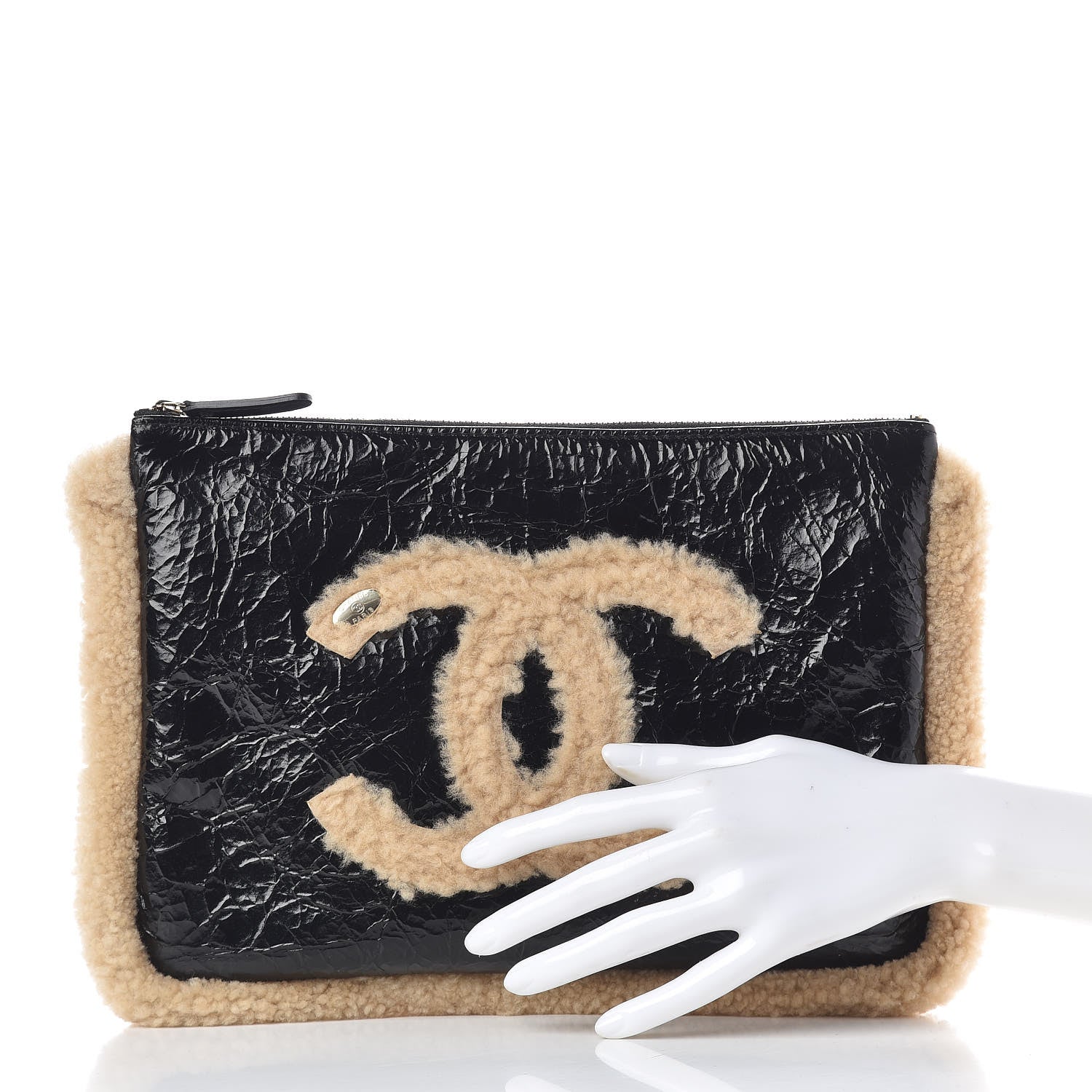 Chanel Shiny Crumpled Sheepskin Shearling Medium Cosmetic Case Black Beige 2 of 9