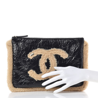 Chanel Shiny Crumpled Sheepskin Shearling Medium Cosmetic Case Black Beige 2 of 9