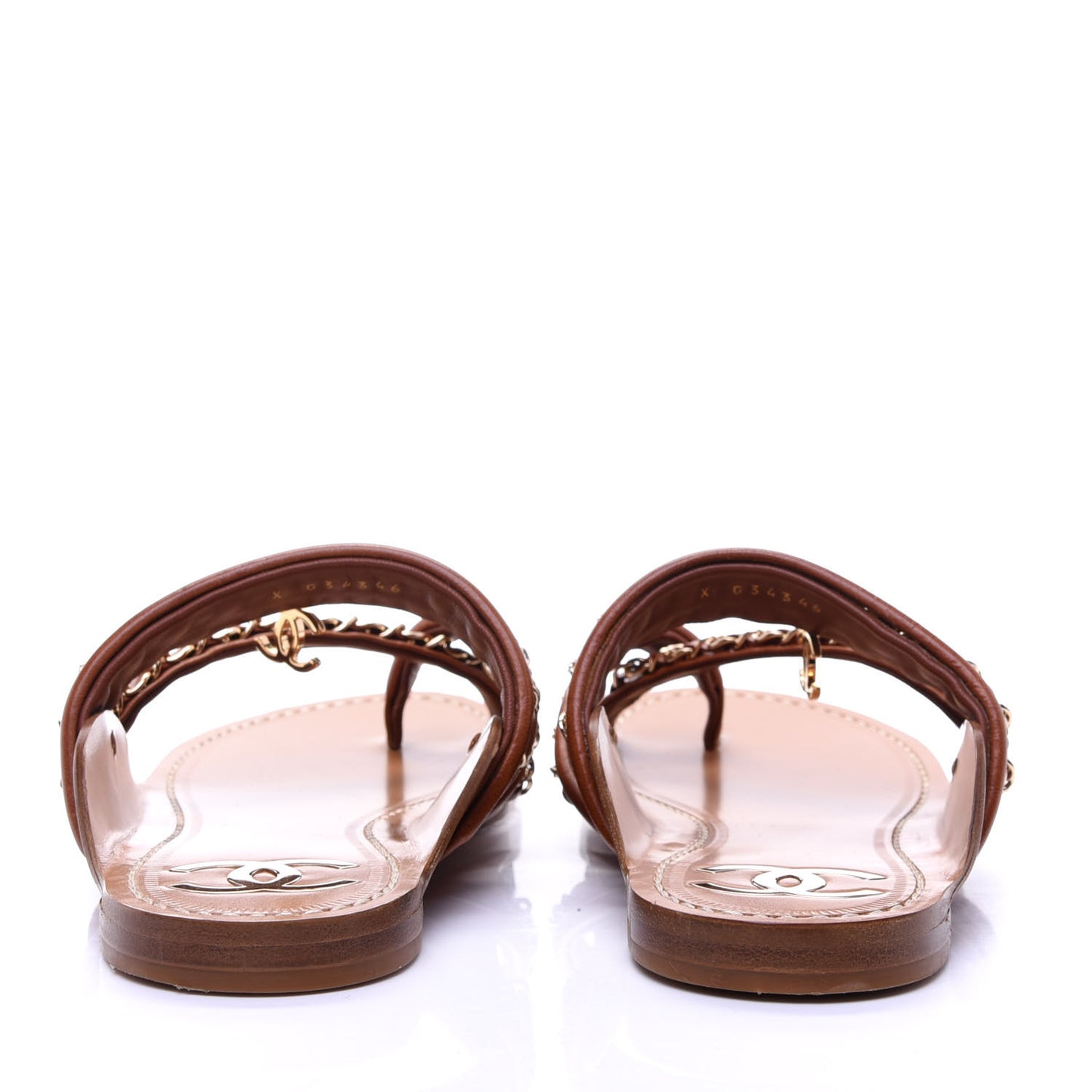 Calfskin Chain CC Thong Flat Sandals 36 Beige