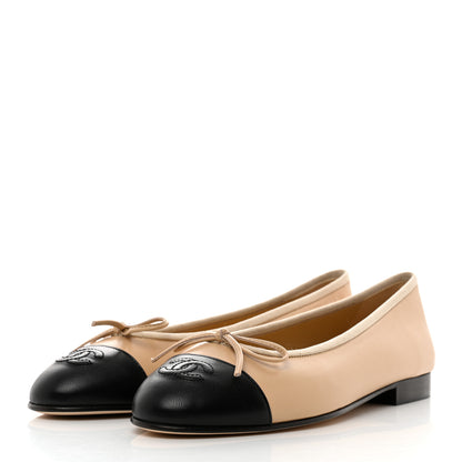 Chanel Lambskin Cap Toe CC Ballerina Flats 36.5 Beige Black 3 of 9