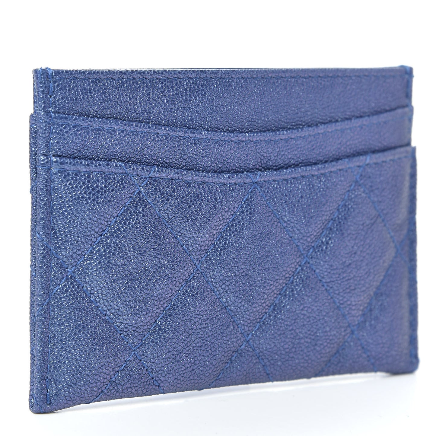 Iridescent Caviar Quilted Card Holder Dark Blue