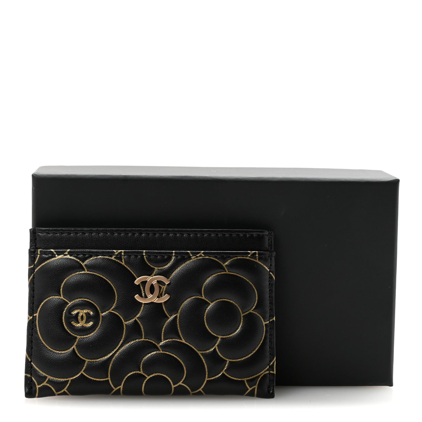 Lambskin Camellia Embossed Card Holder Black Gold