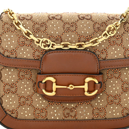 Gucci Canvas Calfskin Crystal GG Monogram Mini Horsebit 1955 Shoulder Bag Camel Ebony 8 of 13
