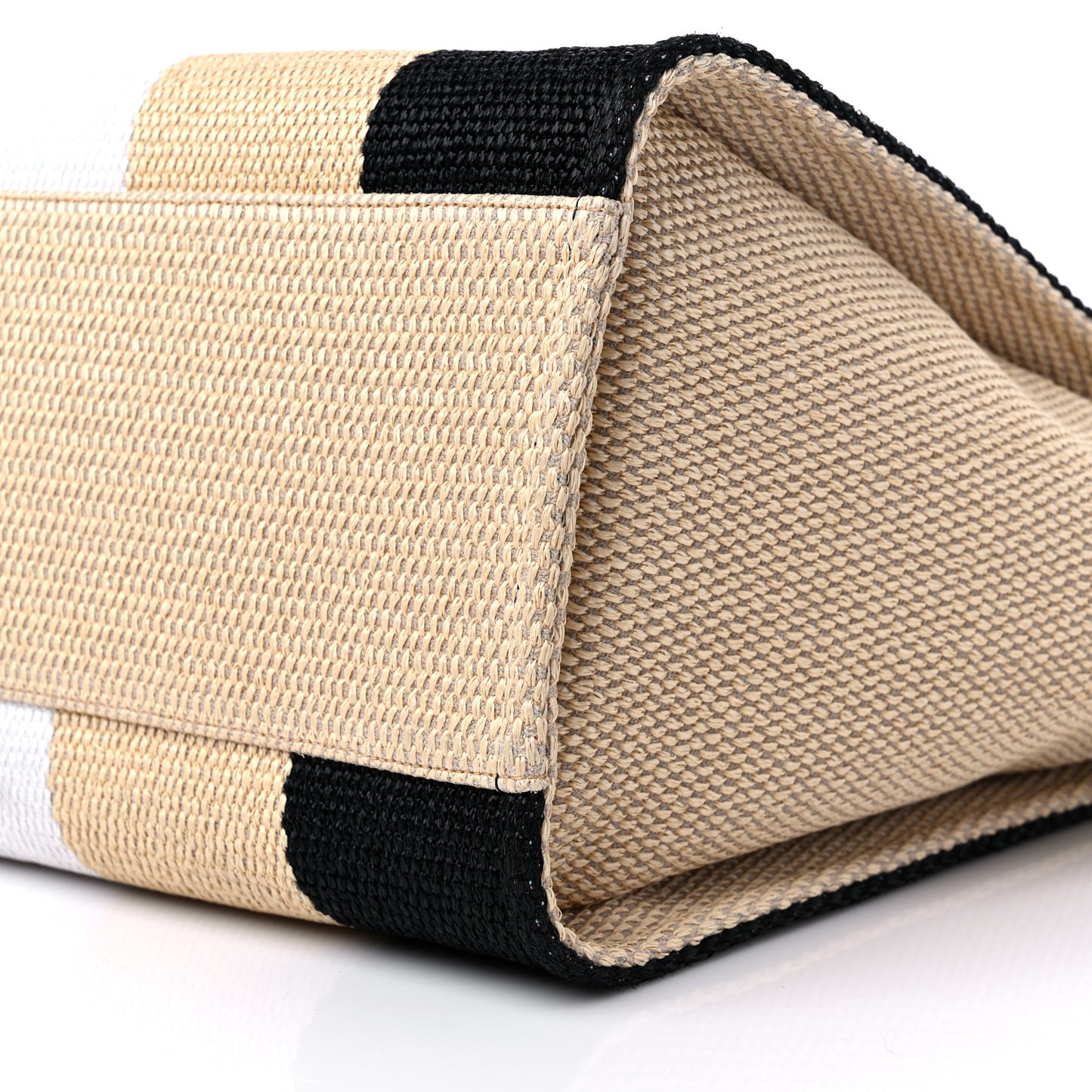 Straw Raffia Calfskin Striped Medium Deauville Tote Black Beige Ivory