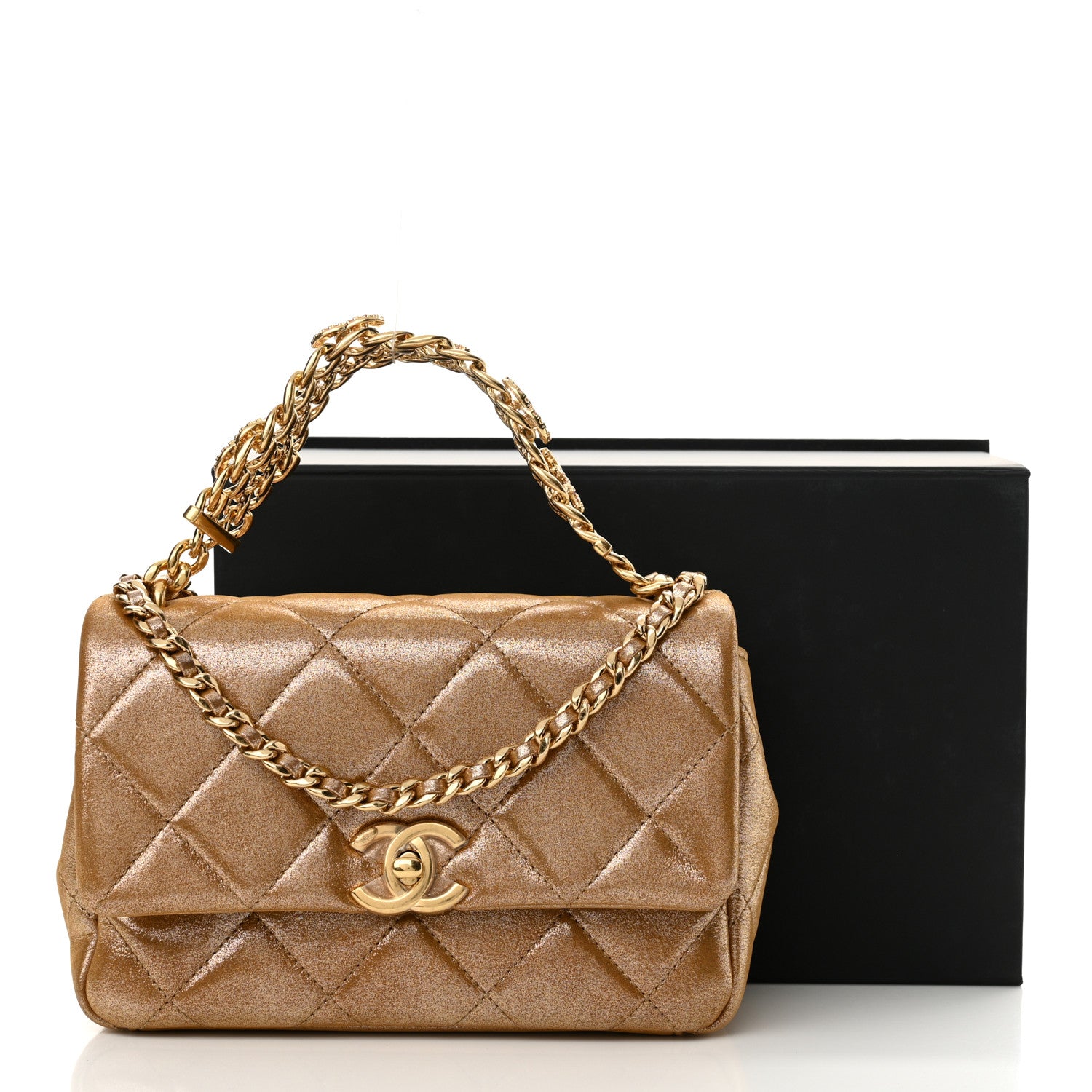 Chanel Metallic Lambskin Quilted Mini CC Crystal Logo Chain Flap Gold 12 of 12