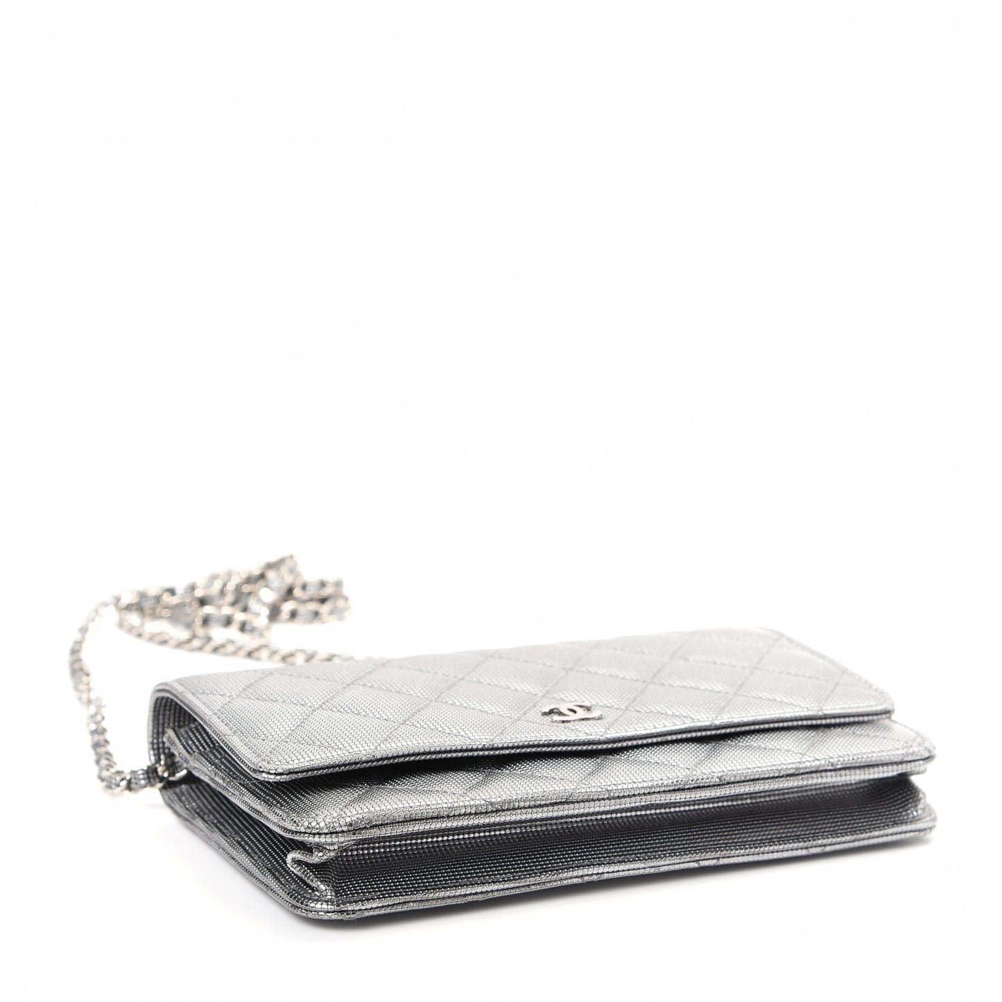 Metallic Calfskin Quilted Pixel Effect Wallet on Chain WOC Silver