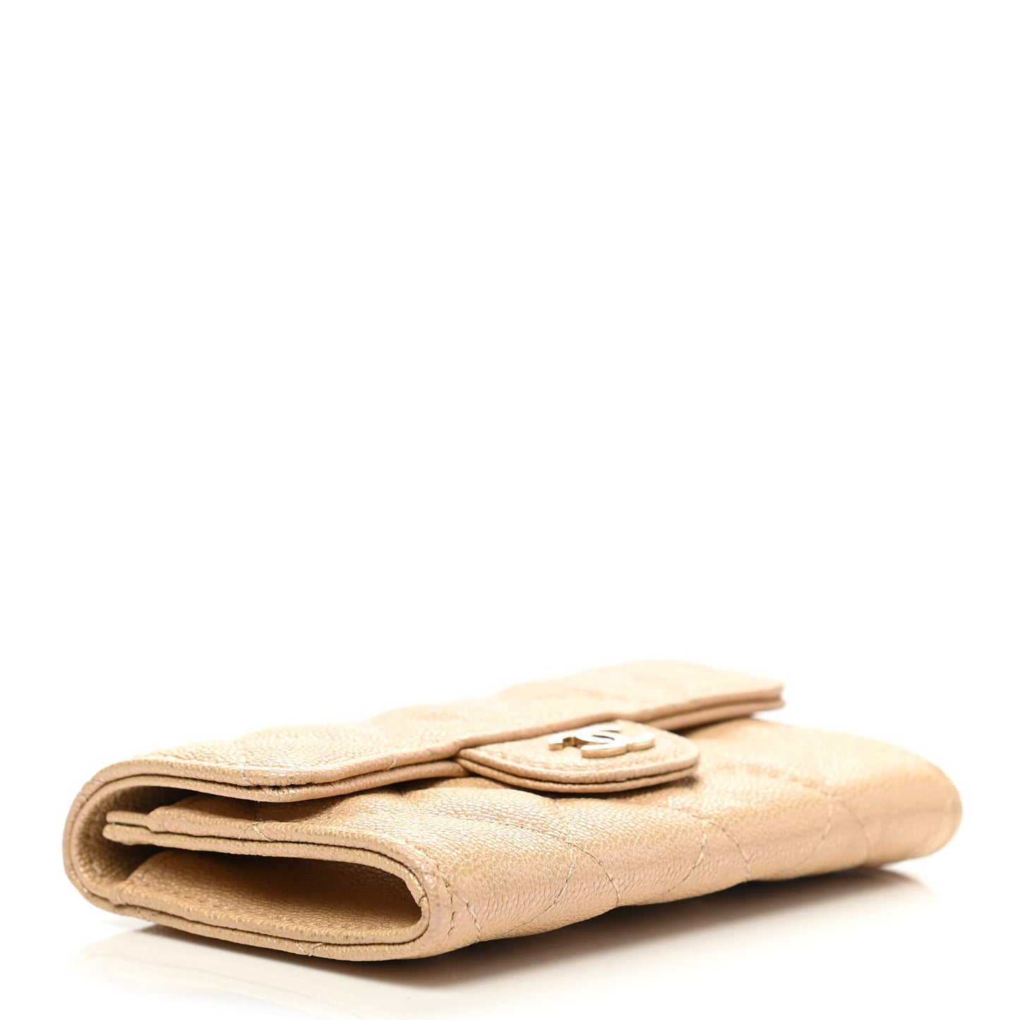Iridescent Caviar Quilted Flap Card Holder Wallet Beige