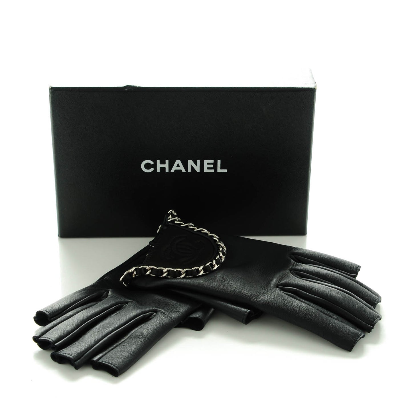 Lambskin Fingerless Chain CC Gloves 8 Navy Black