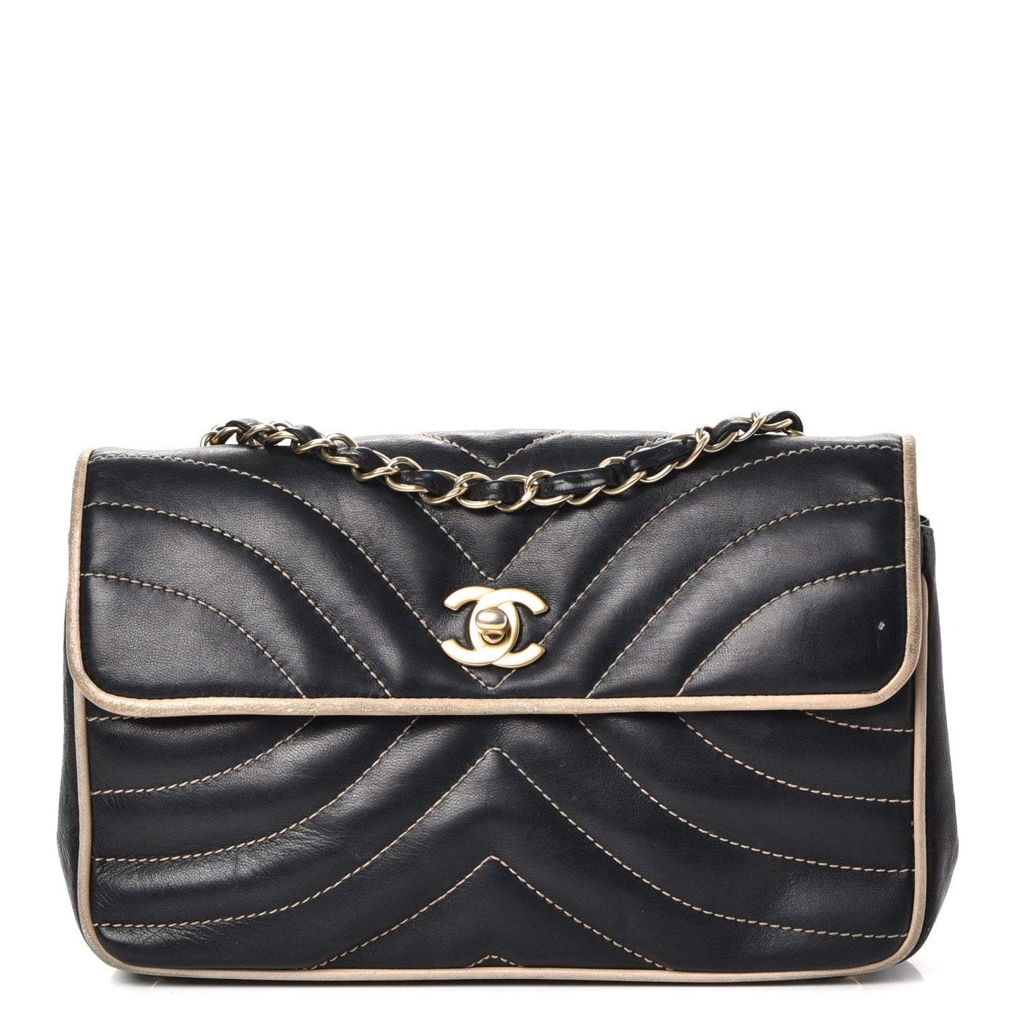 Lambskin Small Chevron Flap Black Beige