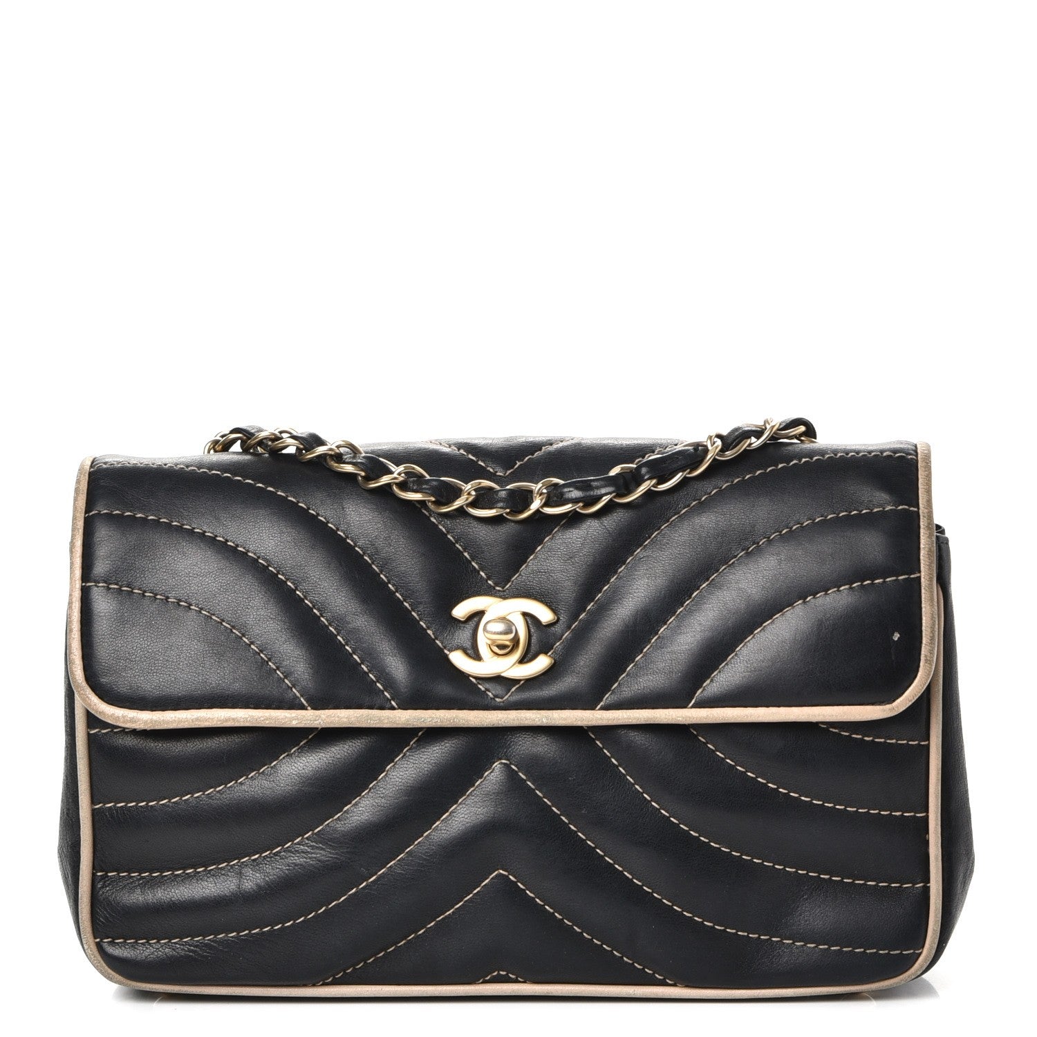 Chanel Lambskin Small Chevron Flap Black Beige 1 of 16
