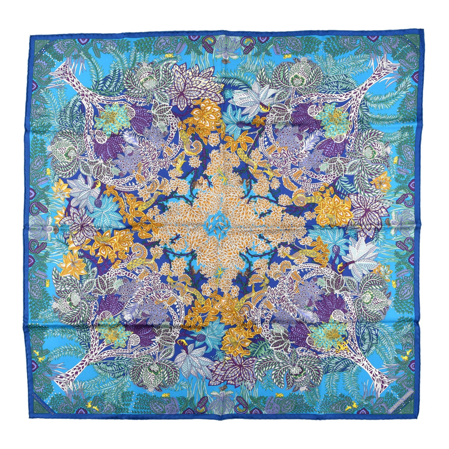 Silk Maitres de la Foret Scarf 90 Turquoise Ocre Violet