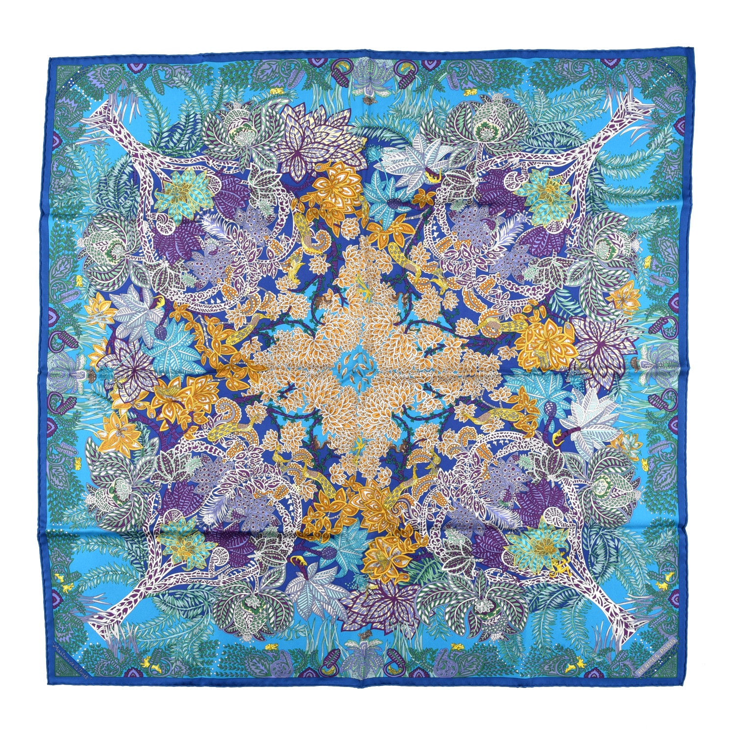 Hermes Silk Maitres de la Foret Scarf 90 Turquoise Ocre Violet 1 of 5