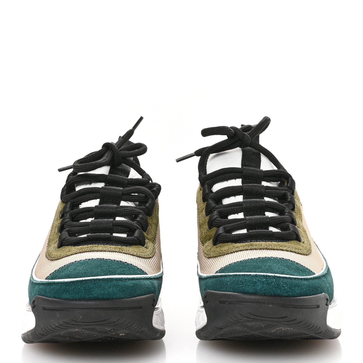 Chanel Fabric Suede CC Sneakers 36.5 Beige Dark Green Green 3 of 8