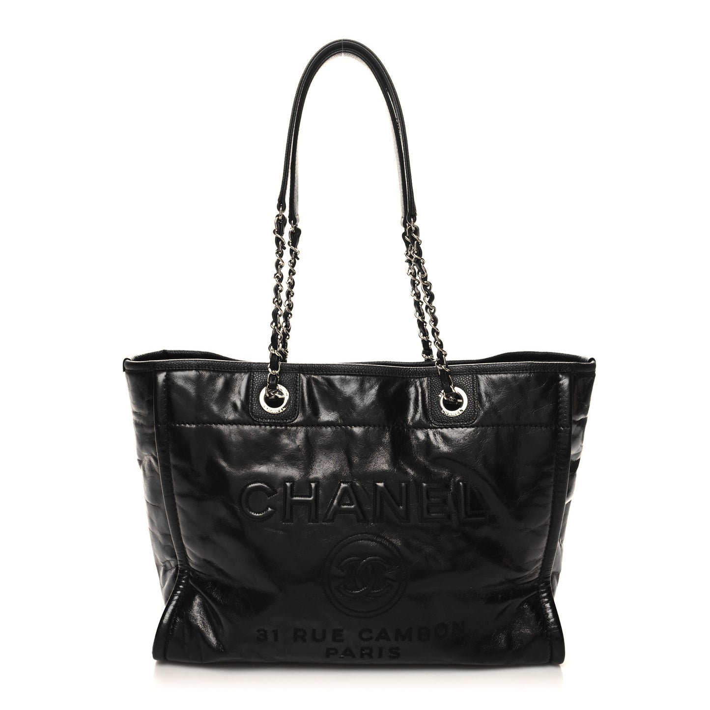 Glazed Calfskin Small Deauville Tote Black