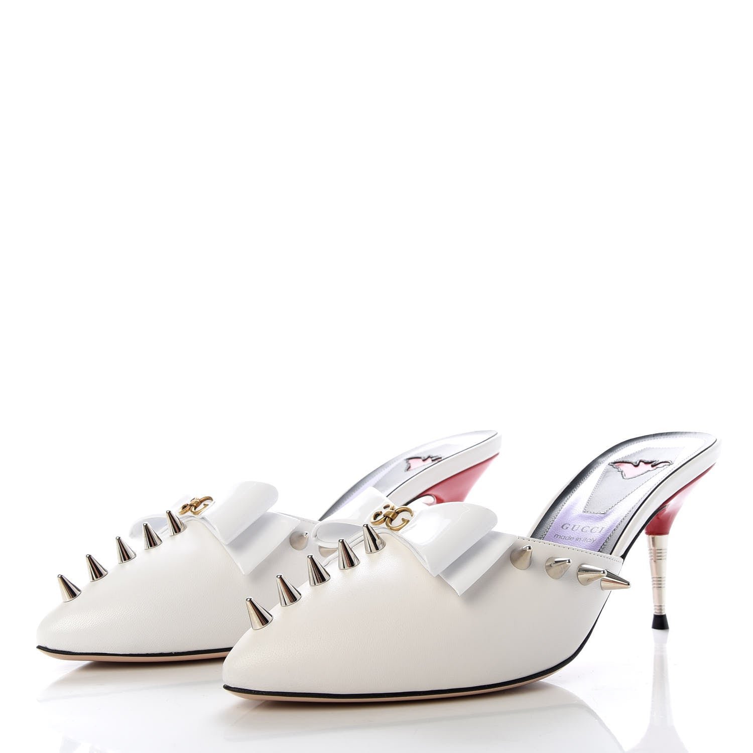 Gucci Patent GG Bow Sadie Spike Mid Heel Mules 38 White 3 of 10