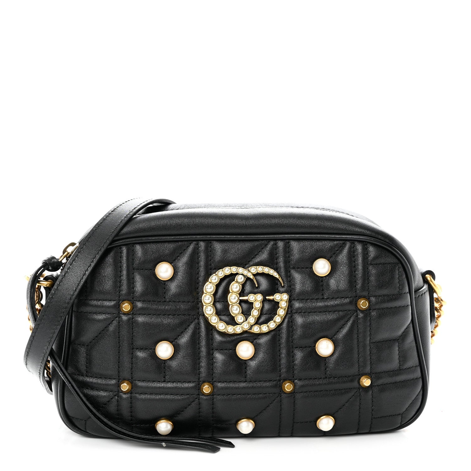 Gucci Calfskin Matelasse Studded Small Pearly GG Marmont Chain Shoulder Bag Black 1 of 10