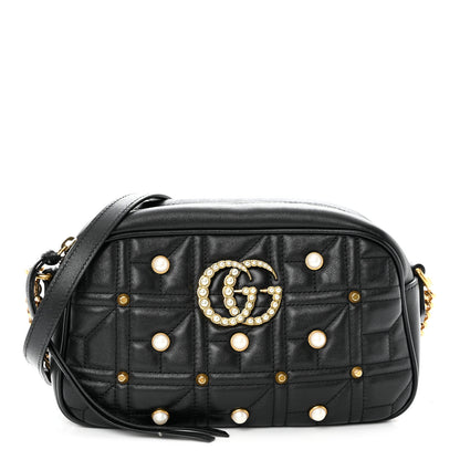Gucci Calfskin Matelasse Studded Small Pearly GG Marmont Chain Shoulder Bag Black 1 of 10