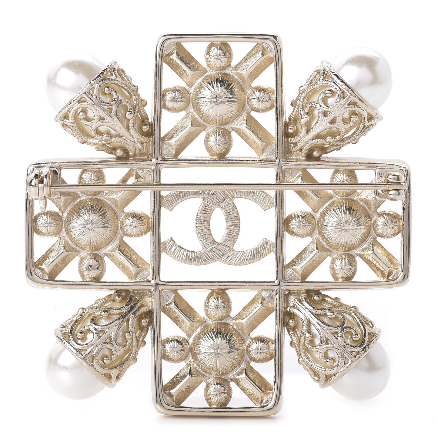 Pearl Baguette Crystal Sparkling Pearls CC Brooch White Light Gold