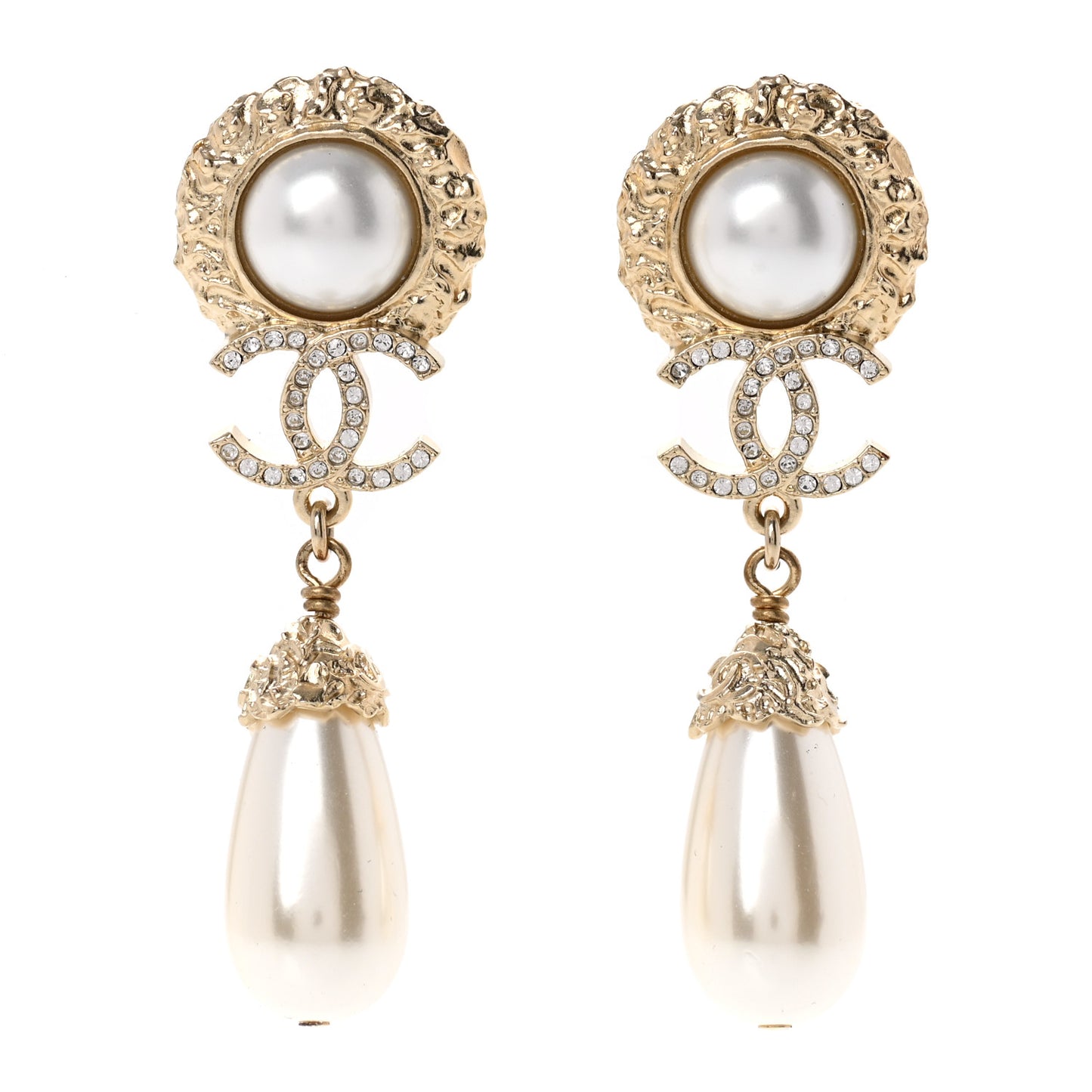 Metal Pearl Crystal Textured Teardrop CC Drop Earrings Gold