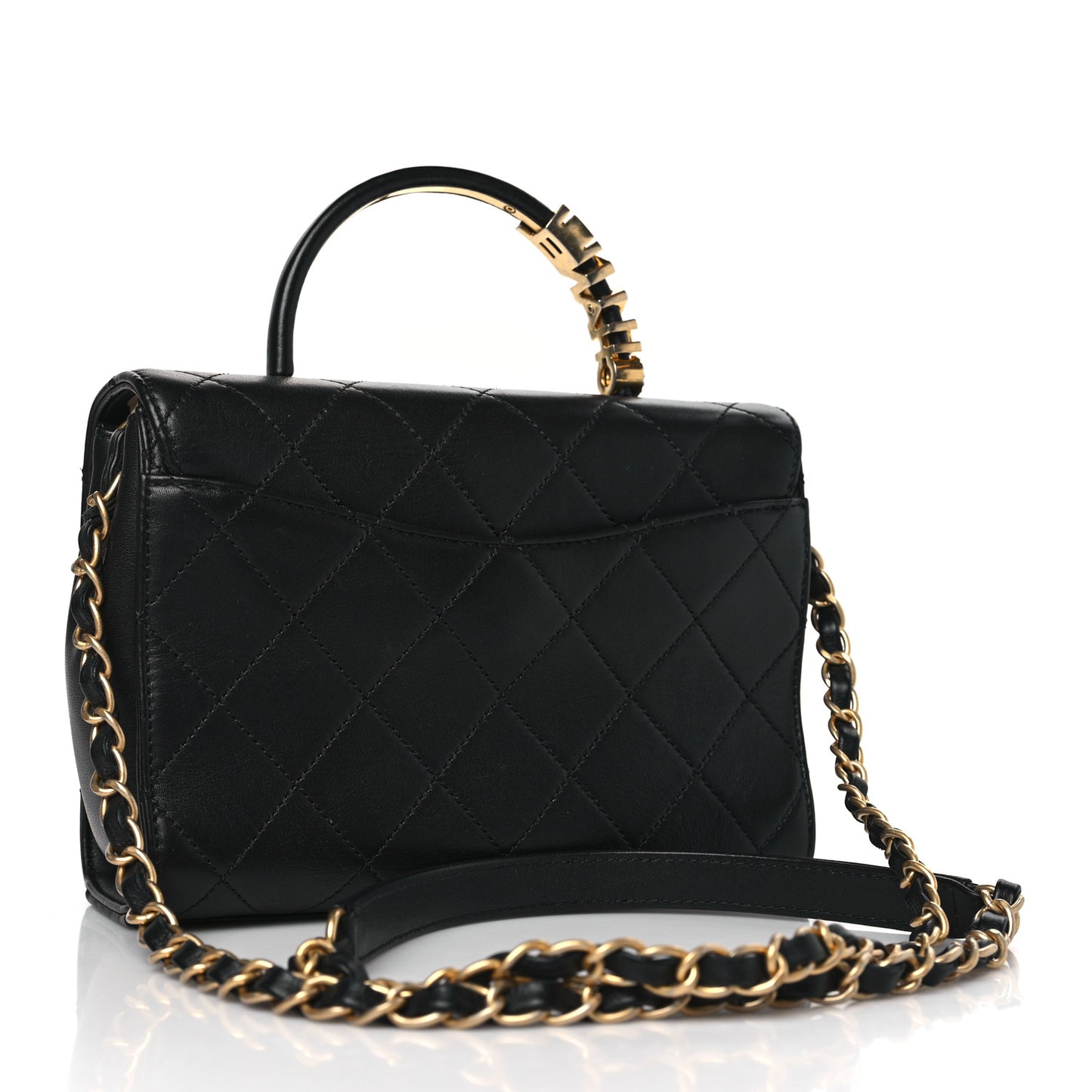 Lambskin Stitched Pearl Logo Top Handle Flap Black