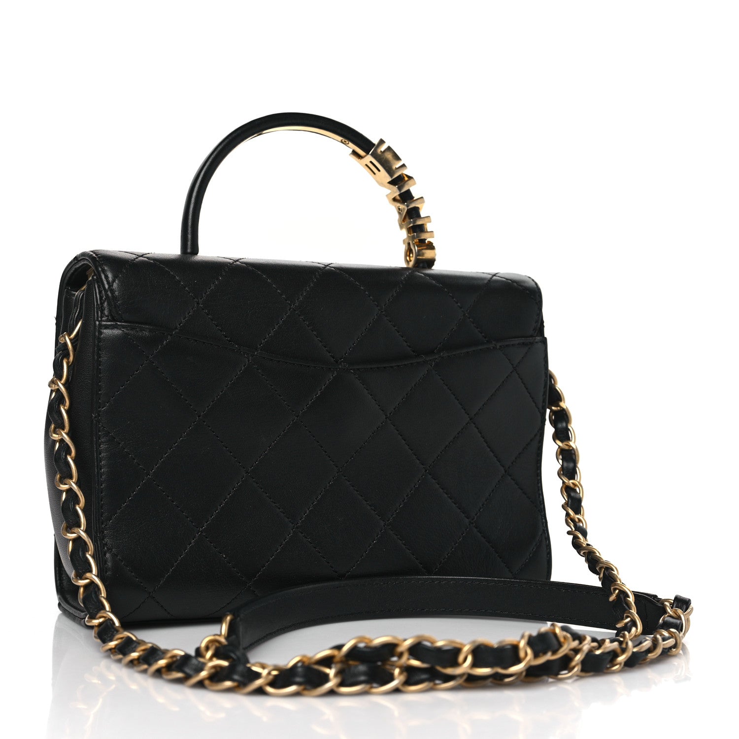 Chanel Lambskin Stitched Pearl Logo Top Handle Flap Black 3 of 10