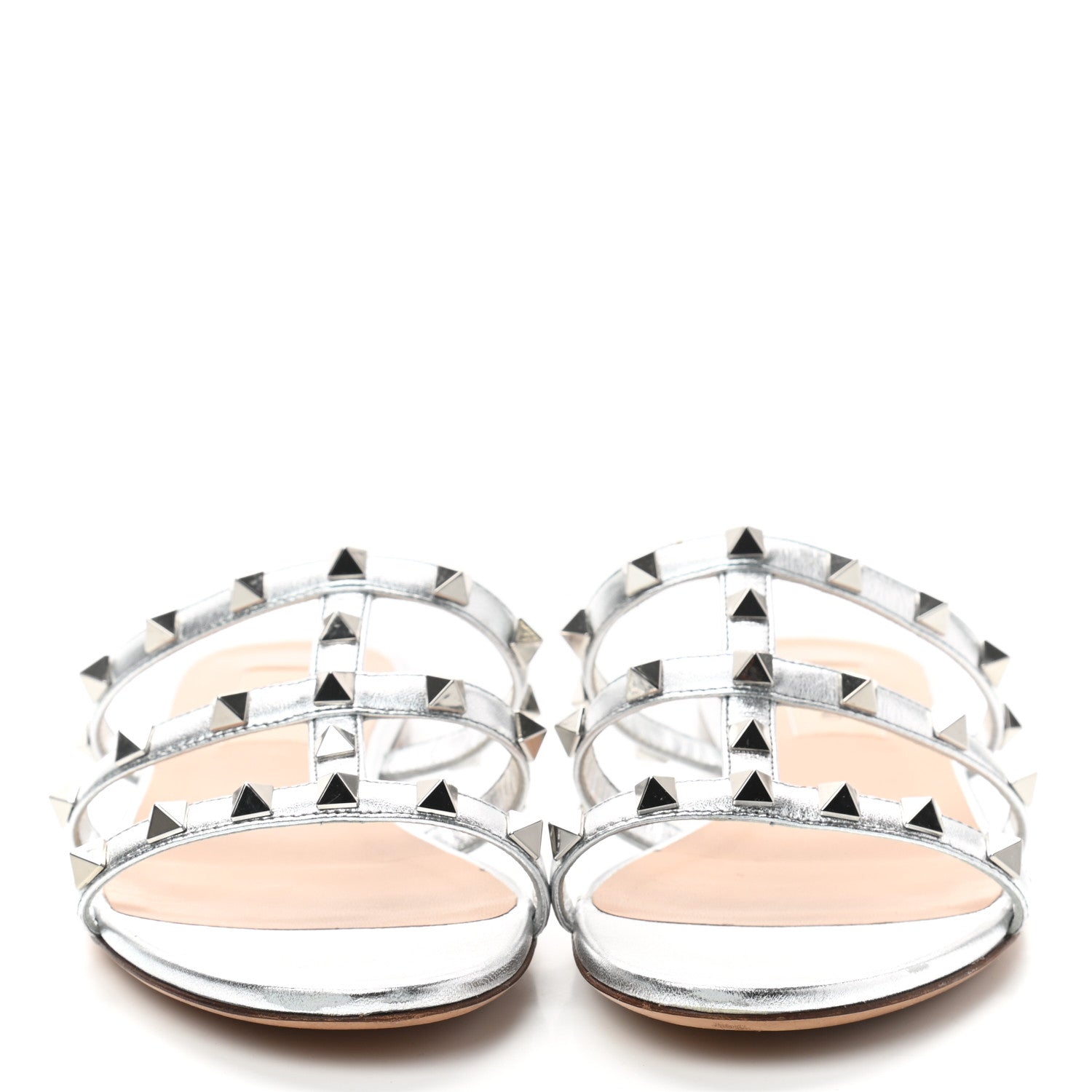 Valentino Garavani Metallic Nappa Rockstud Caged Flat Slide Sandals 35.5 Silver 3 of 8