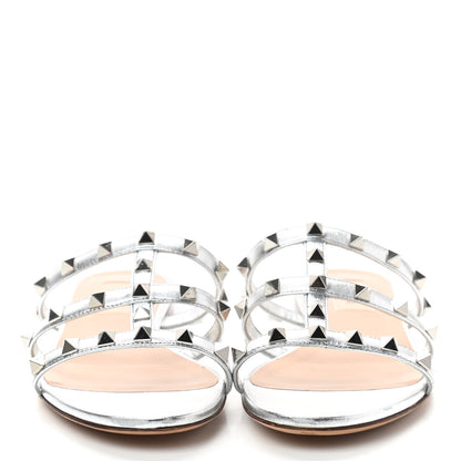 Valentino Garavani Metallic Nappa Rockstud Caged Flat Slide Sandals 35.5 Silver 3 of 8