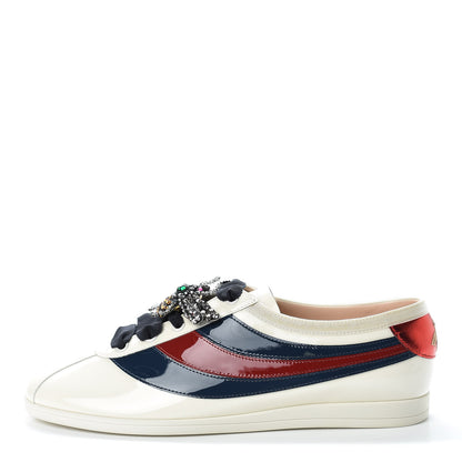 Gucci Patent Calfskin Crystal Womens Web Falacer Sneakers 40 White 1 of 14
