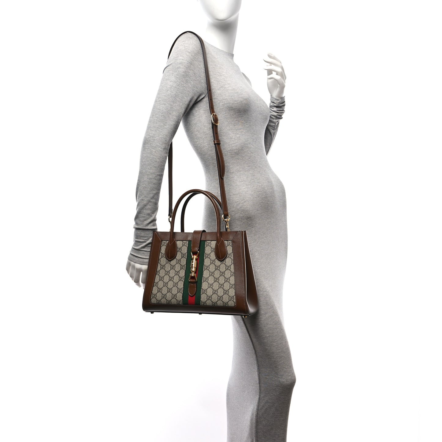 GG Supreme Monogram Azalea Calfskin Web Medium Jackie 1961 Tote Beige Ebony Brown Sugar