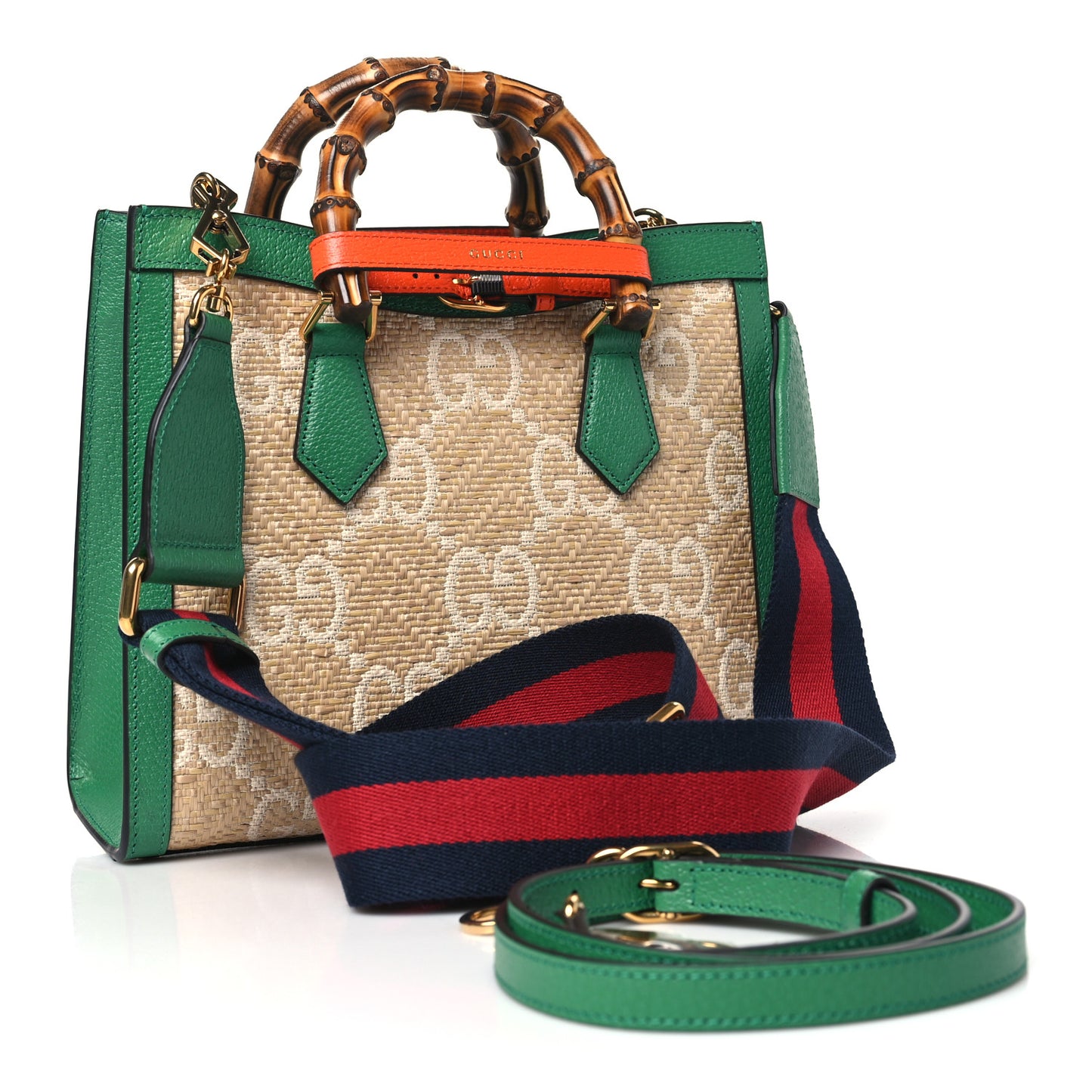 Raffia Textured Dollar Calfskin Web GG Monogram Small Diana Tote Bag Natural White New Shamarock Deep Orange