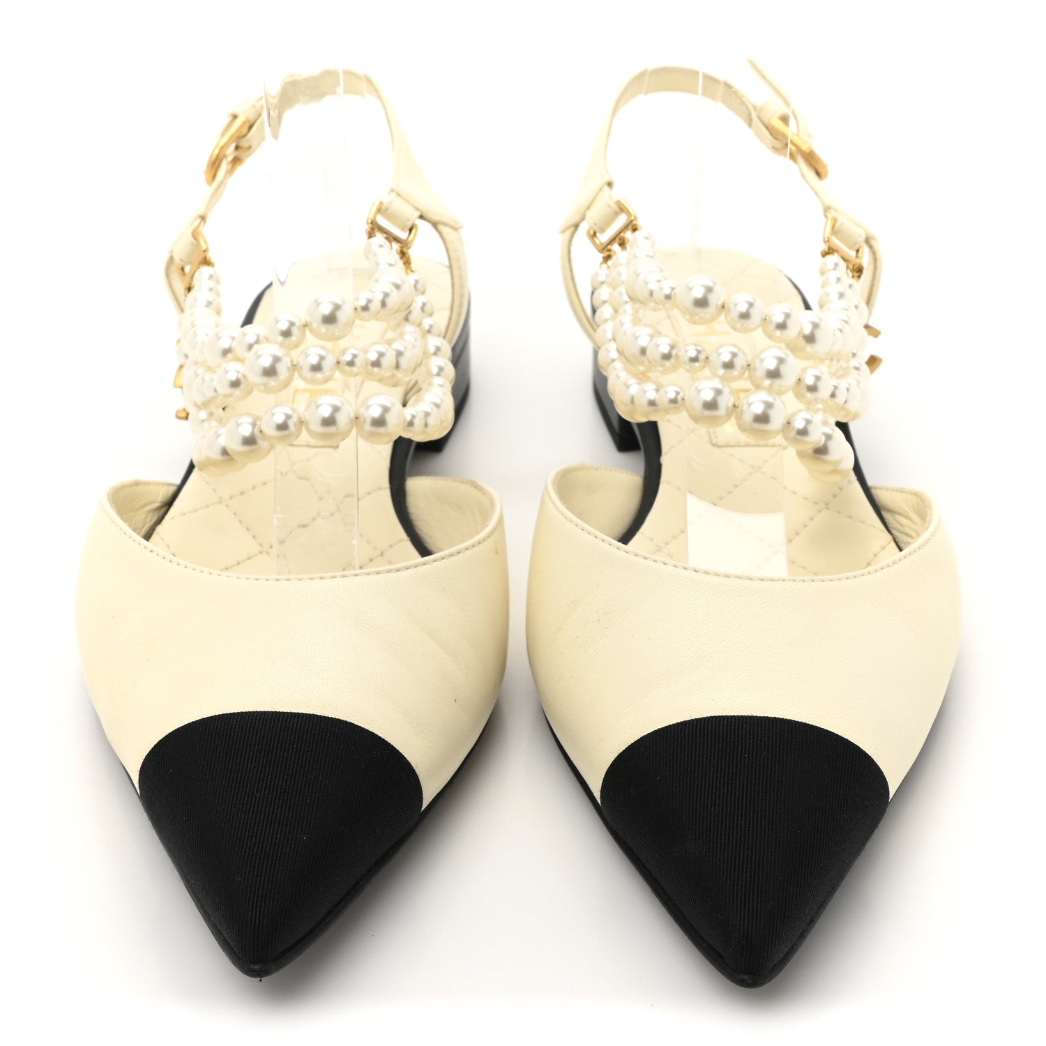 Chanel Lambskin Grosgrain Cap Toe Pearl Slingback 37 Ivory Black 3 of 10