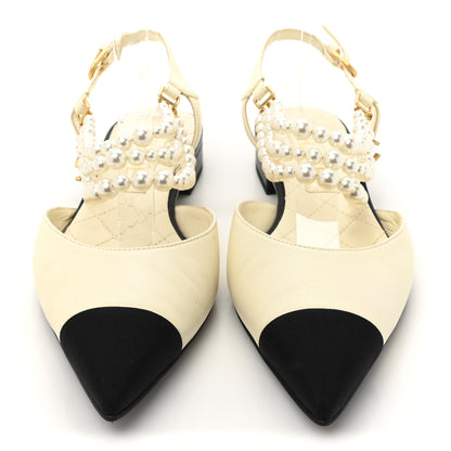 Chanel Lambskin Grosgrain Cap Toe Pearl Slingback 37 Ivory Black 3 of 10