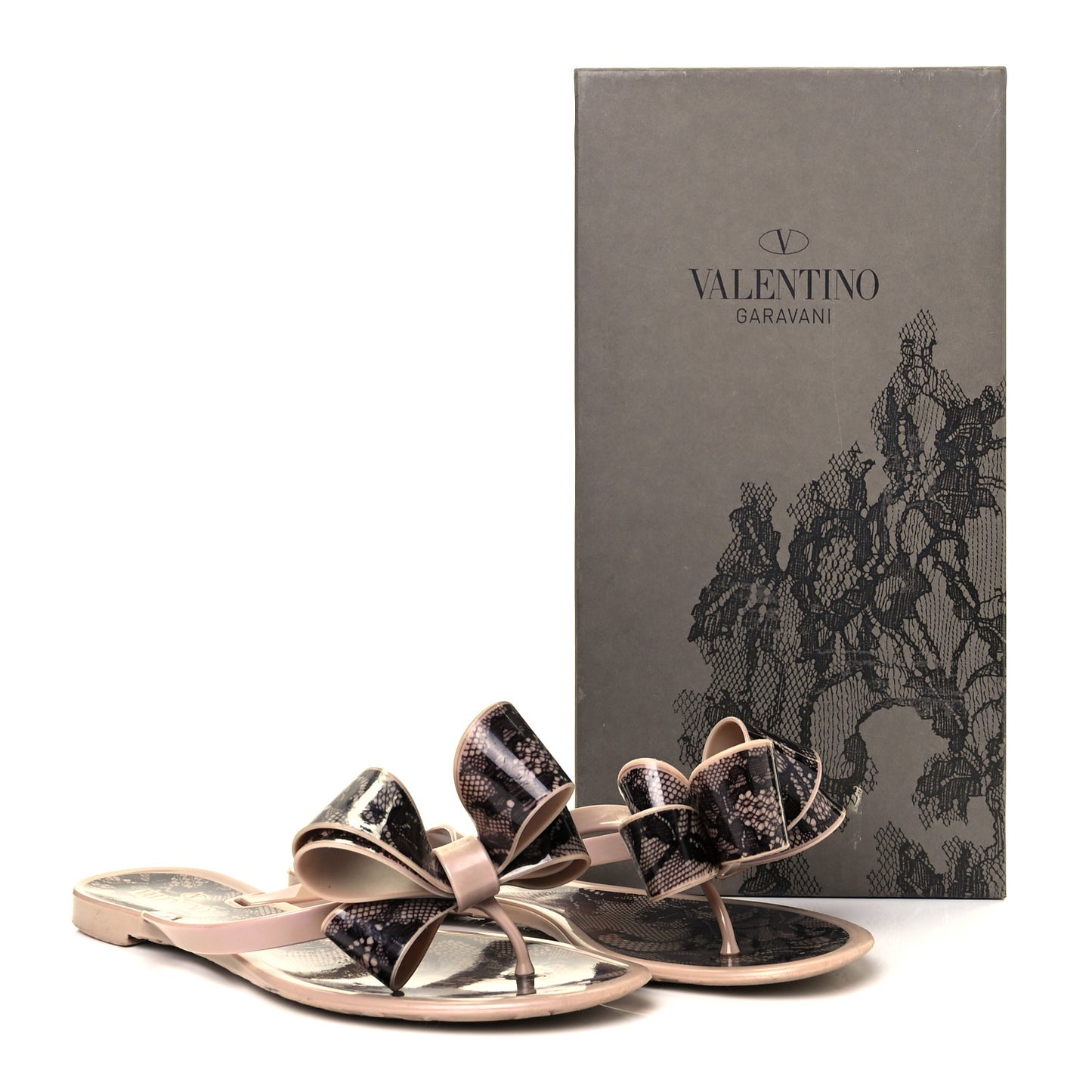 PVC Jelly Lace Print Bow Thong Sandals 36 Black Poudre