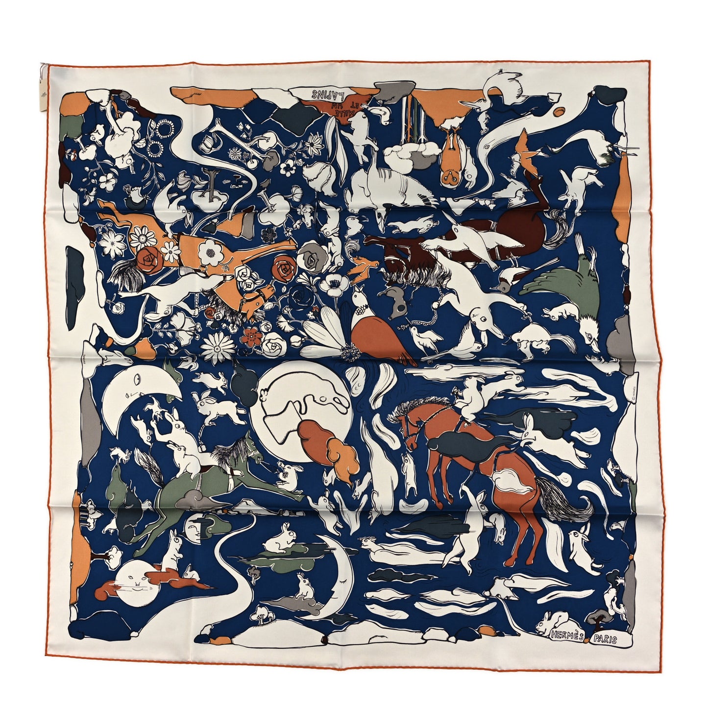 Silk Mille Et Un Lapins Scarf 90 White Marine Kaki