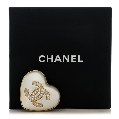 Chanel Resin Crystal CC Heart Brooch Pearly White Gold 5 of 5