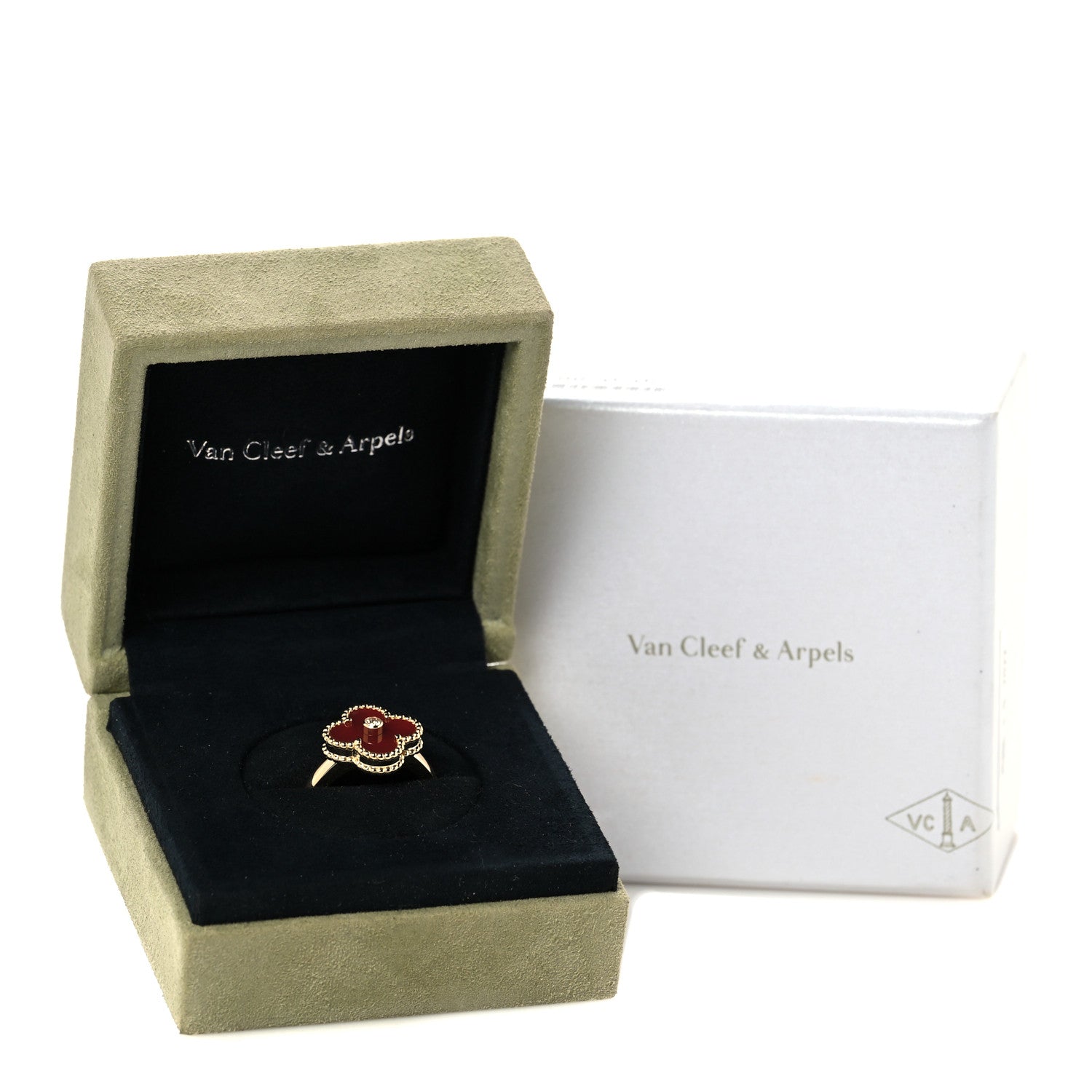 Van Cleef & Arpels 18K Yellow Gold Diamond Carnelian Vintage Alhambra Ring 53 6.25 6 of 6