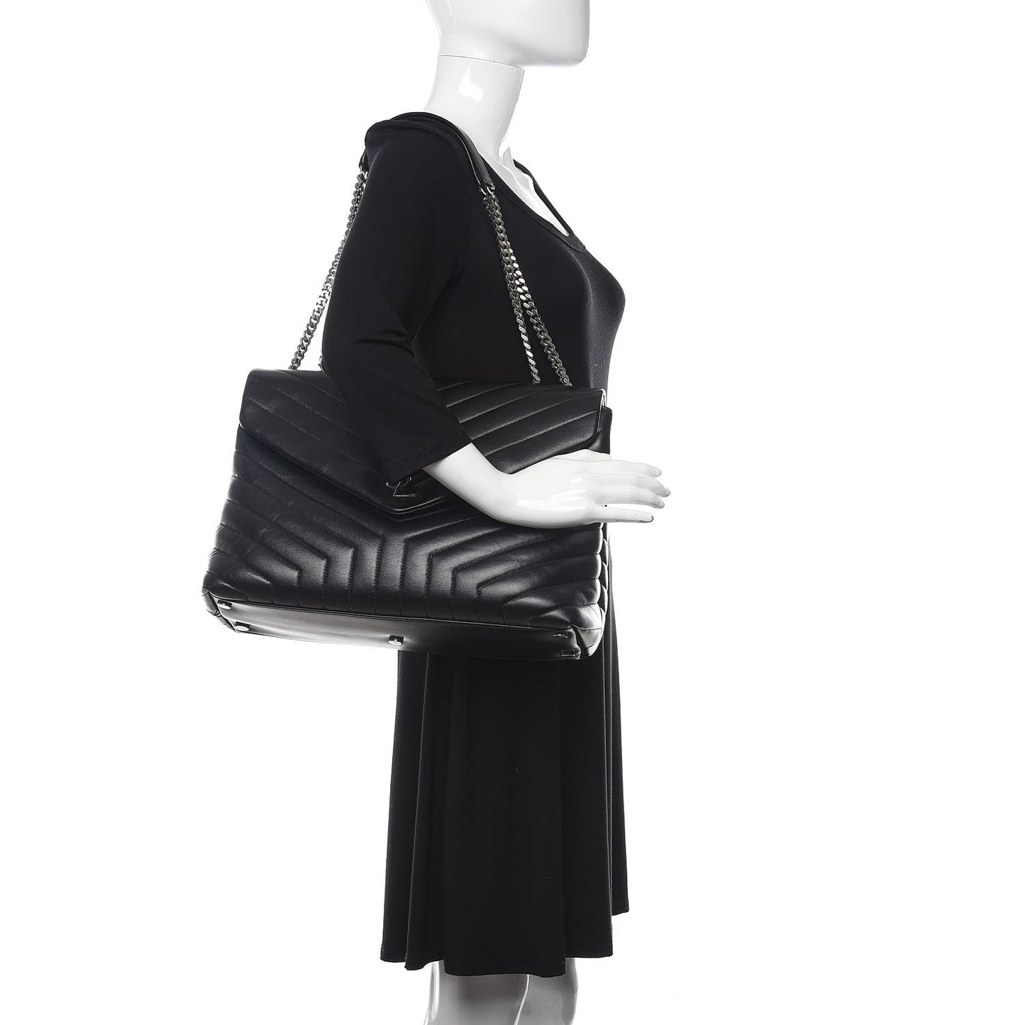 Calfskin Y Quilted Monogram Large Loulou Chain Satchel Black