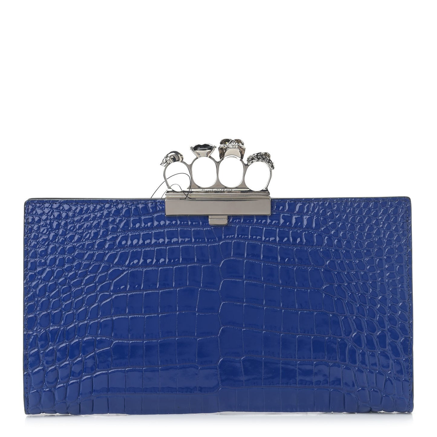 Calfskin Crocodile Embossed Knuckle Flat Clutch Blue