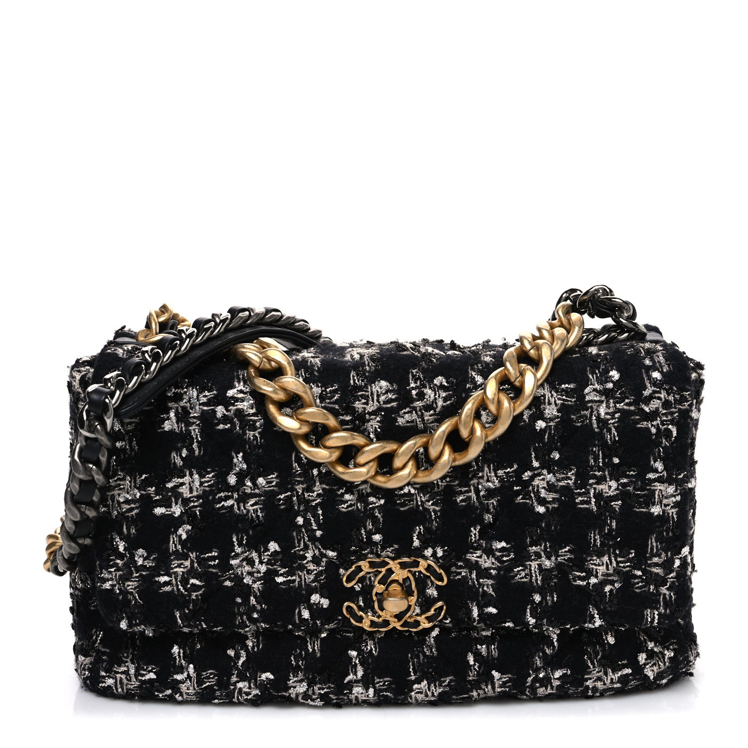 Chanel Tweed Quilted Large Chanel 19 Flap Black Silver Ecru 1 of 10