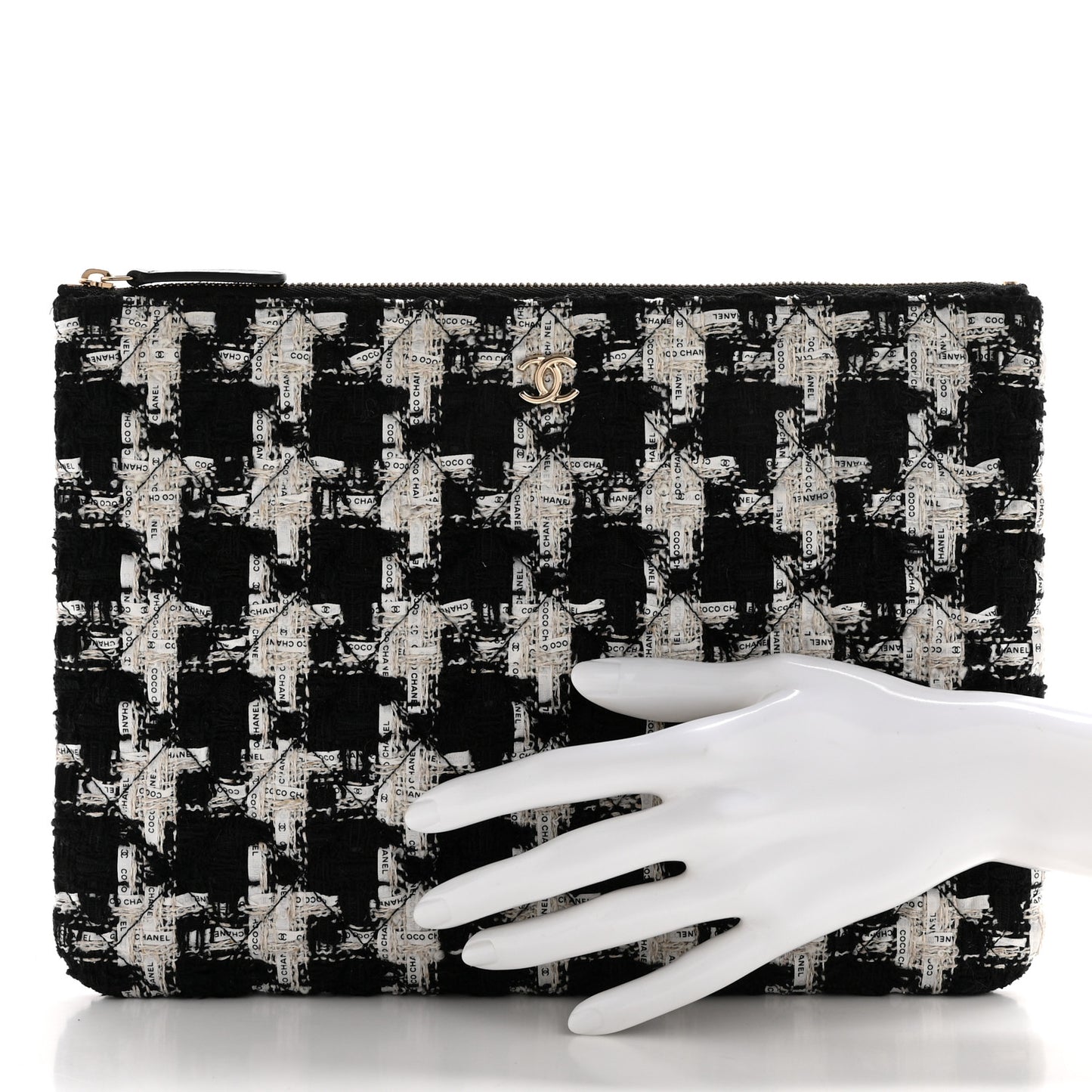 Tweed Quilted Medium Cosmetic Pouch Black Ecru White