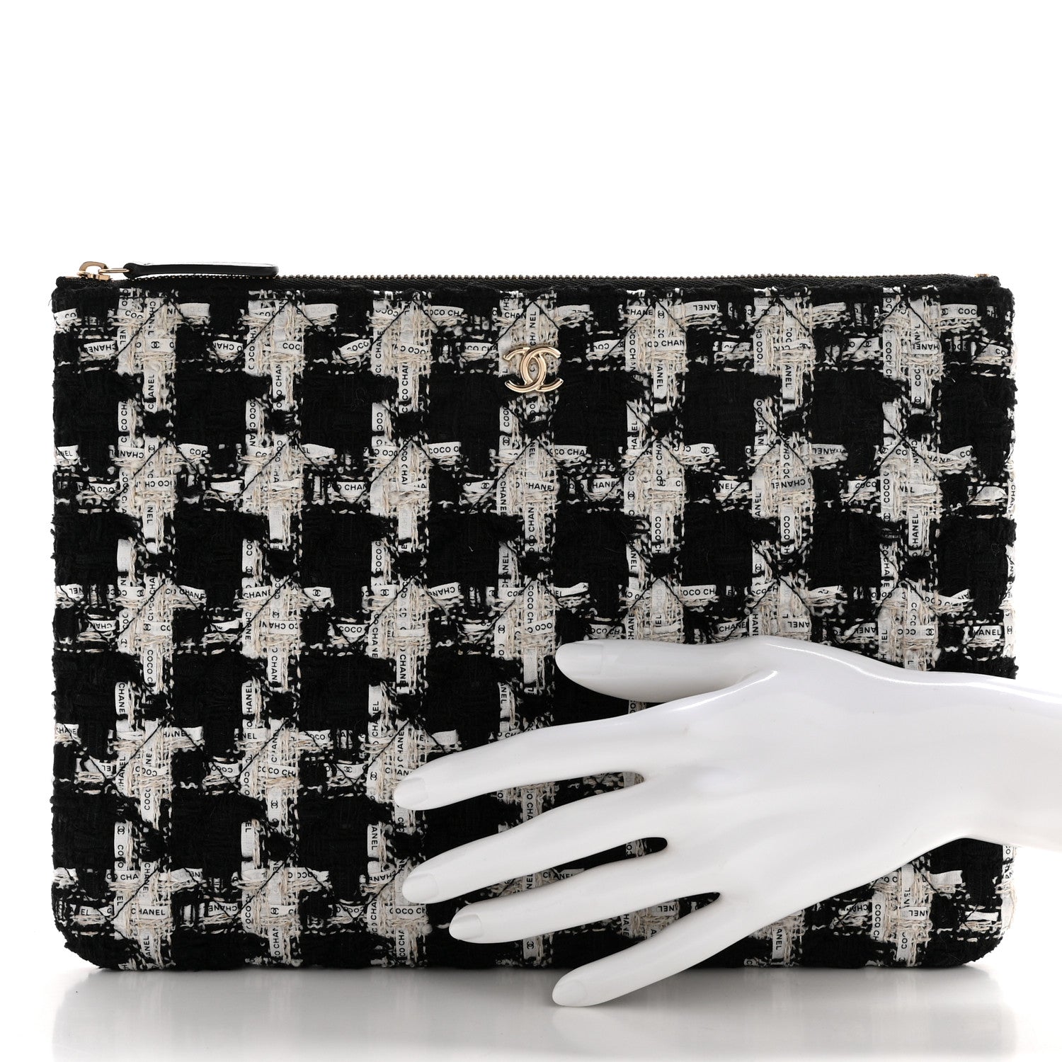 Chanel Tweed Quilted Medium Cosmetic Pouch Black Ecru White 2 of 7