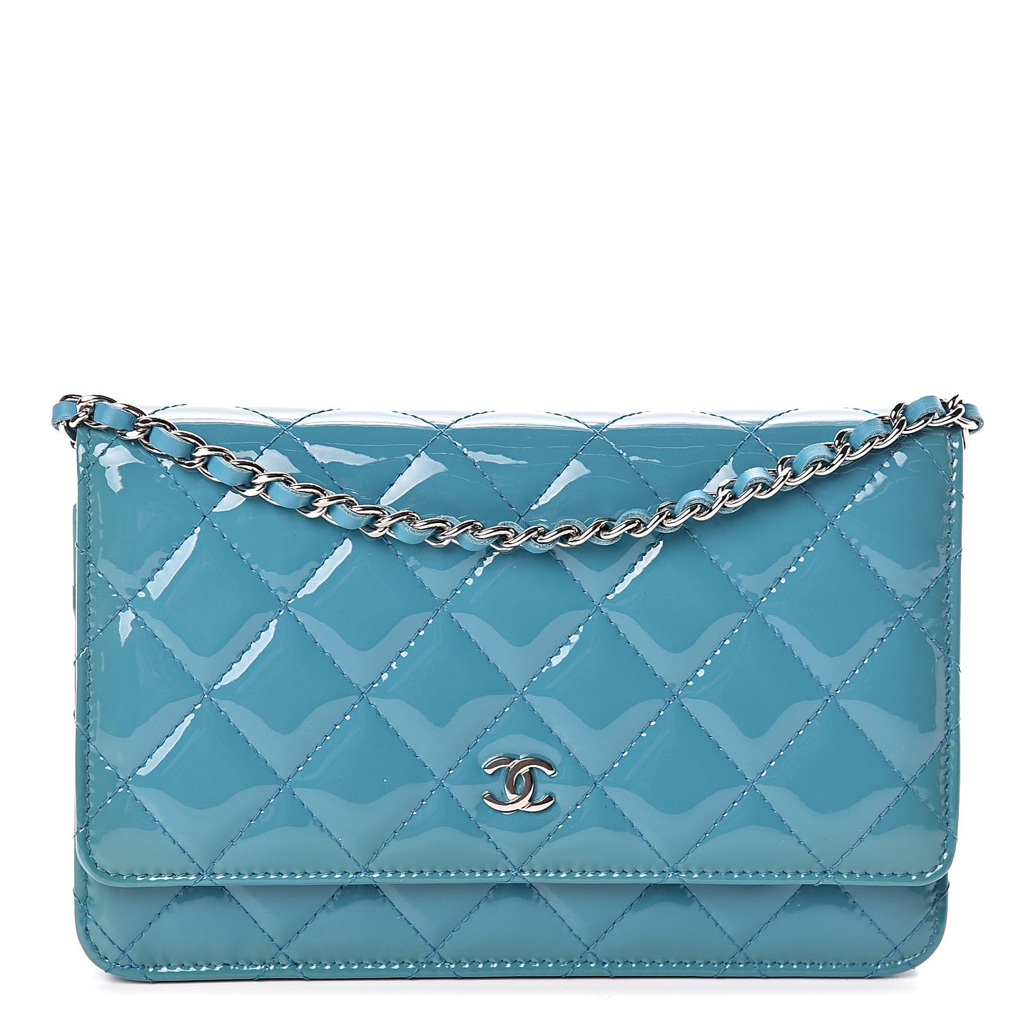 Patent Quilted Wallet On Chain WOC Turquoise Blue